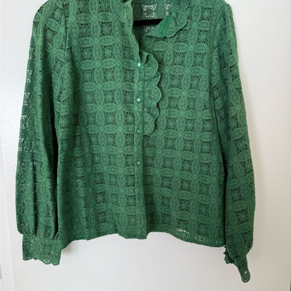 Sezane Green Puff Sleeve Blouse with Mandarin Collar